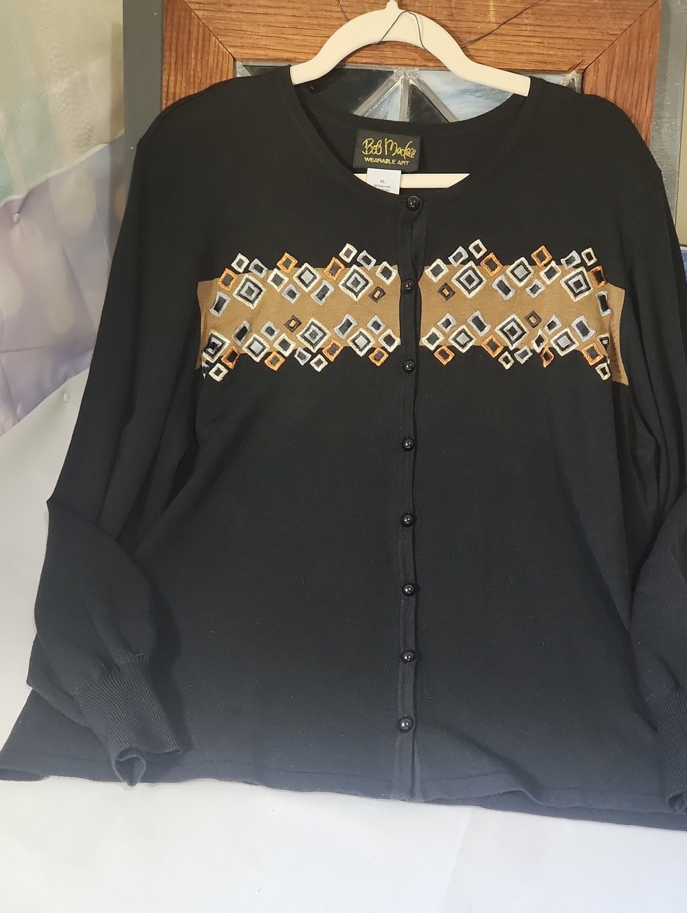 Bob Mackie Black Cardigan with Tan and White Geometric Embroidery